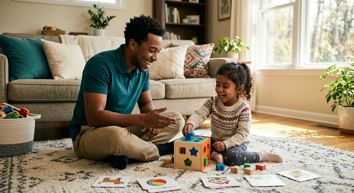A male Registered Behavior Technician doing an in-home ABA play session with a laughing young child on a living-room rug.